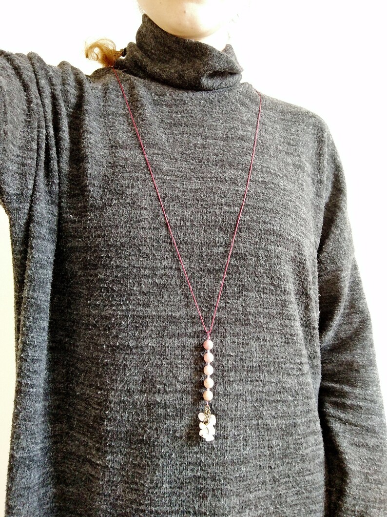 Healing rose quartz and rhodochrosite gemstones long necklace rainbow pregnancy handmade