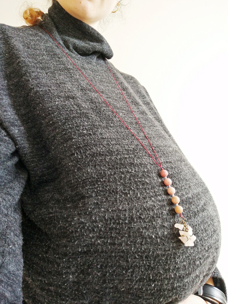 Healing rose quartz and rhodochrosite gemstones long necklace rainbow pregnancy handmade