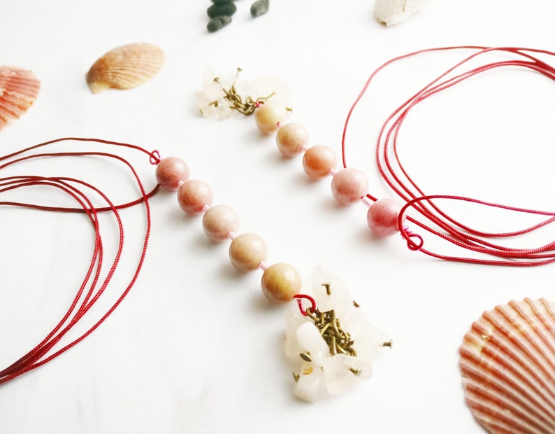 Healing rose quartz and rhodochrosite gemstones long necklace rainbow pregnancy handmade