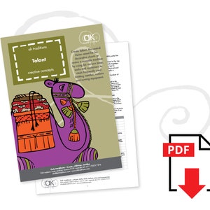 May include: A purple camel carrying colorful bundles on its back. The camel is a cartoon illustration with a whimsical design. The text "ak traditions Talant creative concepts" is printed on the page.