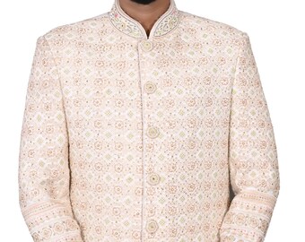 Pastelowa, ręcznie robiona sherwani, maharadża sherwani, indyjski sherwani ślubny dla pana młodego, sherwani z Dźodhpuru, męska suknia ślubna, suknia dla pana młodego