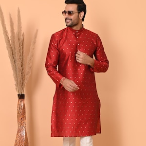 Kurta men Red jacquard silk Kurta pajama |men’s ethnic wear | Indian wear for men kurta pajama for men wedding festive traditional outfit