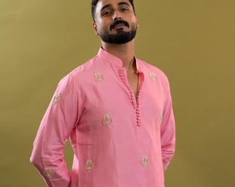 Handmade pink  Kurta for Men, Off-White Indian Mens Shirt with Gold Zari Embroidery, Silk Blend Short Kurta, Wedding Guest Outfit, festive