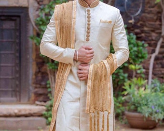 Golden sherwani Men's  Luxury |  latest elegant Sherwani  with handwork for Indian groom and groom men