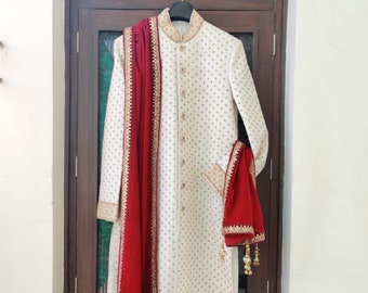 Red velvet stole (dupatta) for traditional men’s wear (sherwani) for wedding purpose, festive purpose, reception, marriage anniversary, etc