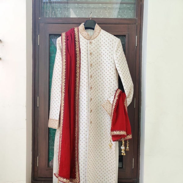 Red velvet stole (dupatta) for traditional men’s wear (sherwani) for wedding purpose, festive purpose, reception, marriage anniversary, etc