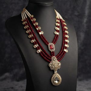 May include: A multi-strand necklace featuring deep red beads and white pearls. The design includes gold-toned accents with clear stones, a central rectangular red stone pendant, and a large teardrop-shaped clear stone drop at the bottom.