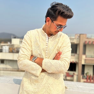 Short Kurta white Indian men’s ethnic wear for all occasions like Diwali festival, weddings, Pooja etc.