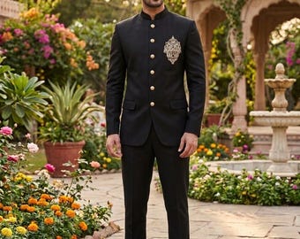Schwarzer Zardozi handbestickter Jodhpuri-Anzug - Herren Bandgala-Anzug für Hochzeit - indische ethnische Kleidung - Herrenfeier-Outfit - formelle Party