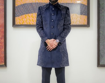 Blue Suede Indowestern Suit for Men | Wedding Jodhpuri Set | handwork bandgala