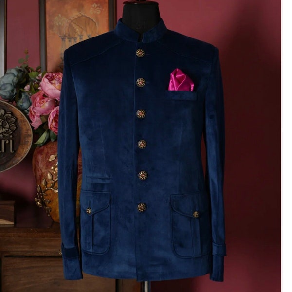 Blue blazer  jhodhpuri Wedding sherwani | Men’s elegant luxury Royal   indian wedding sherwani  | blue velvet bandgala blazer