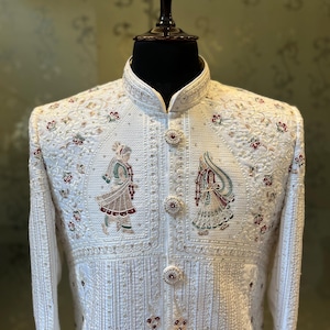 White handwork  sherwani kurta pajama Indian Pakistani sherwani achkan handwork wedding sherwani churidaar pyjama | dholi sherwani shadi