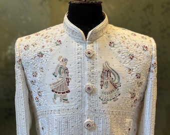 White handwork  sherwani kurta pajama Indian Pakistani sherwani achkan handwork wedding sherwani churidaar pyjama | dholi sherwani shadi