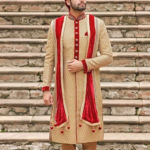Latest Wedding sherwani | Men’s elegant luxury Traditional multi thread  indian wedding sherwani churidaar pyjama | golden sherwani