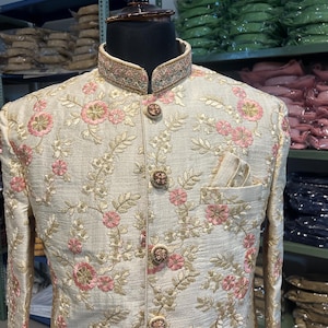 Latest Wedding sherwani | Men’s elegant luxury Traditional multi thread  indian wedding sherwani churidaar pyjama | golden sherwani