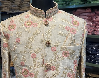 Latest Wedding sherwani | Men’s elegant luxury Traditional multi thread  indian wedding sherwani churidaar pyjama | golden sherwani
