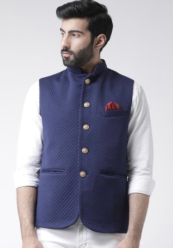 Blue kurta jacket set , indian men wedding wear , kurta pajama set , m –  Ethnic World