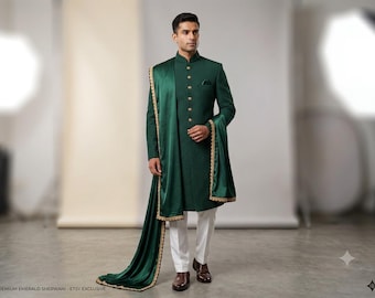 Zielony pikowany sherwani dla mężczyzn | strój pana młodego na ślub w stylu indo-zachodnim