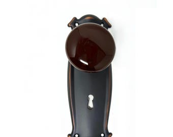 Porcelain Door Knob with Solid Brass Base on Tall Plate- Oil Rubbed Bronze Finish, Single Dummy