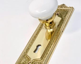 Tall Doorknob Set with White Ceramic Knob-Victorian Style-Dummy [Polished Brass]