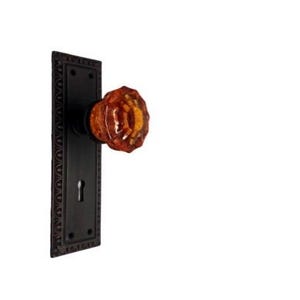 Amber Orange Glass Dummy Door Knob on Tall Vintage Door Plate Oil Rubbed Bronze
