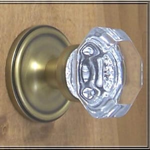 Classic Privacy Door Knob Set Octagon Clear Glass Knobs - Antique Brass Finish