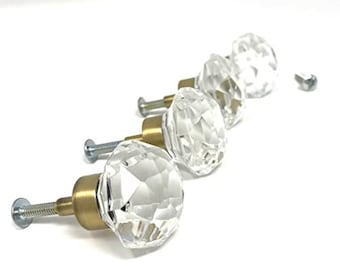 Petite Diamond Cut Glass Cabinet Pulls-Four Clear Knobs [Antique Brass]