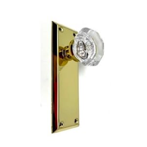 Rousso USA Beveled Glass Crystal Door Knob, Tall Backplate, Brass Finish, Non-Turning, 7x2.25 Inches