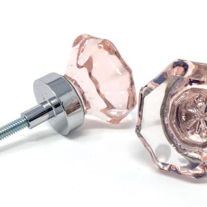Two Pink Octagon Glass Cabinet Knob Pulls with Polished Nickel Base