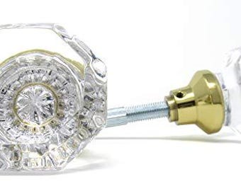 Rousso's Reproductions Beveled Eight Point Glass Door Knobs 0018-PB Crystal Interior Knobs with Spindle