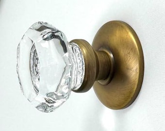 Crystal Glass Octagon Door Knob, Antique Brass Finish, Single Dummy, for Interior Doors