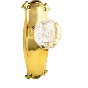 Crystal Dummy Door Knob with Tall London Backplate, Eight-Point Beveled Glass, Brass Finish