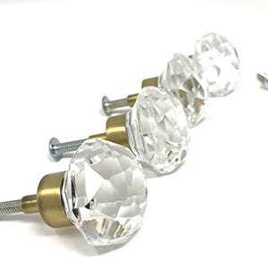 Petite Diamond Cut Glass Cabinet Pulls-Four Clear Knobs [Antique Brass]