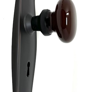 Porcelain Door Knob with Solid Brass Base on Tall Plate- Oil Rubbed Bronze Finish, Single Dummy