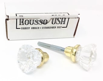 1 Pair 0019-PB Depression Crystal Glass Knobs and Spindle Polished Brass