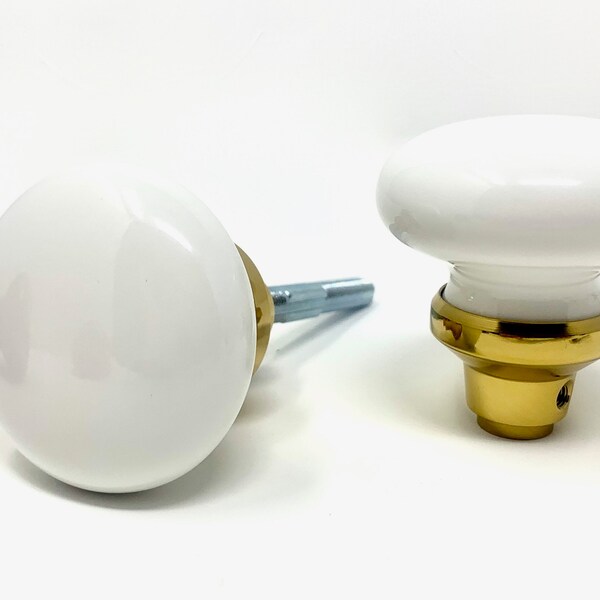 White Porcelain Door Knobs and Spindle-Solid Polished Brass Base (One Pair)