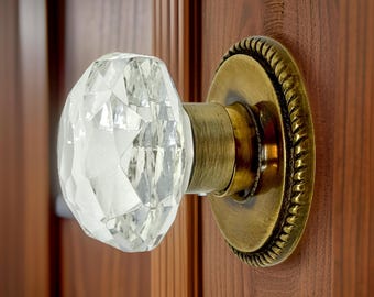 Crystal Knob Pull-2 inch diameter Faceted Diamond Glass-Antique Brass Base