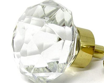 Large Diamond Cut Glass Knob -Pull Gold Base-2 inch Diameter
