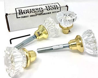 Fluted Crystal Glass Vintage Door Knobs and Spindle 4 Knobs (2 Pair)