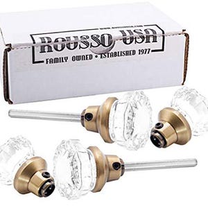 Four Knobs (2 pair) Fluted Glass with set screws and spindles [Antique Brass ]