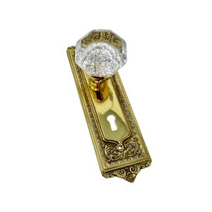 Beveled Crystal Glass Door Knob with Brass Escutcheon, 7" x 2.25", Non-Turning, Includes Screws