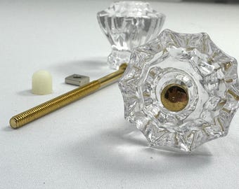 Two Fluted Glass Drawer Pulls (Polished Brass Bolts, Crystal Clear Glass)
