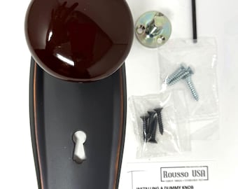 Porcelain Door Knob with Solid Brass Base on Tall Plate- Oil Rubbed Bronze Finish, Single Dummy