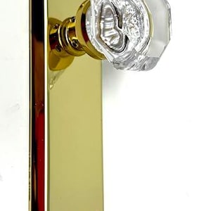 Beveled Glass Crystal Door Knob, Tall Backplate, Brass Finish, Non-Turning