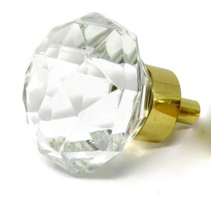 Two Petite Diamond Cut Glass Cabinet Knob Pulls in Polished Brass (Gold)