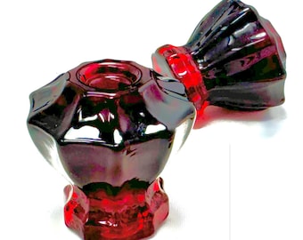 Two Fluted  Drawer Pull (Polished Nickel, Ruby Red Glass)