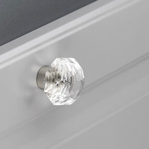 Large Diamond Cut Glass Knob Pull -Brushed Nickel Base- Bi-fold, Furniture, more