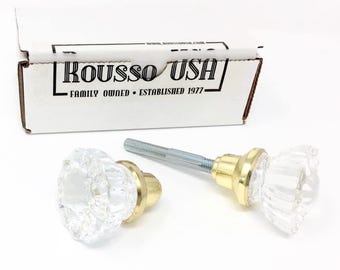 1 Pair 0019-PB Depression Crystal Glass Knobs and Spindle Polished Brass