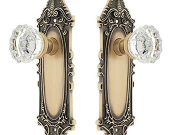 Antique style Glass Crystal Knobs on Scrolled Tall Backplate (Passage 2-3/8" Backset-standard)