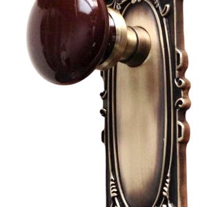 Rousso's Reproductions Victorian Style Dummy Backplate with Porcelain Brown Door Knob, Antique Brass